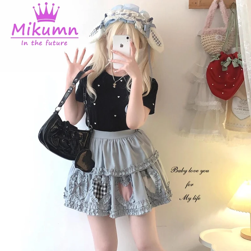 Mikautumn-Mini Saia Gótica Feminina Lolita Kawaii, Doce Amor Japonês Saia De Bolo Plissado, Meninas Harajuku Bonito Saias Curtas, Y2k