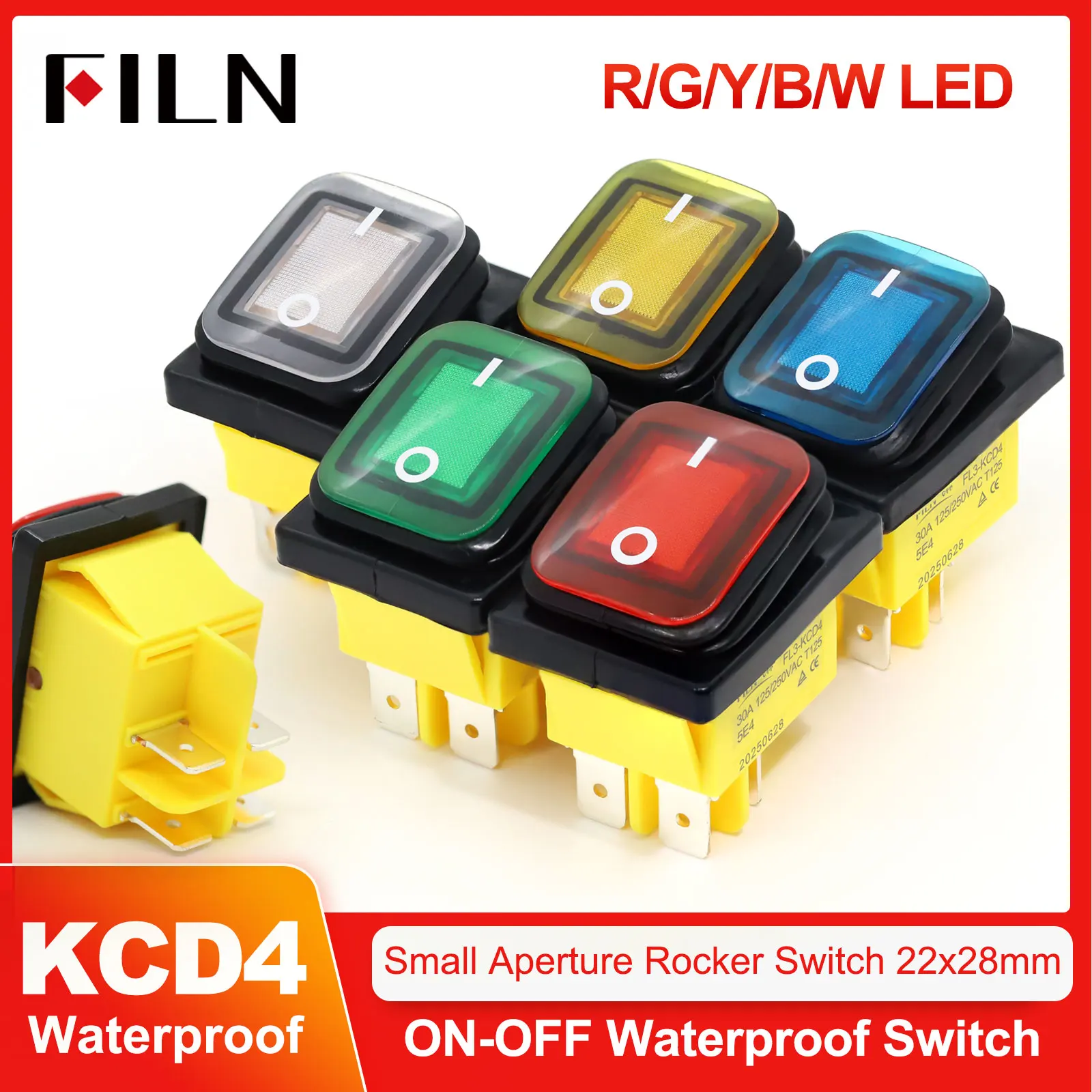 FILN 3Pcs KCD4 Waterproof Rocker Switch 4Pin ON-OFF LED Light 20A 12V 24V 110V 220V Car Boat Household Power Toggle Switch