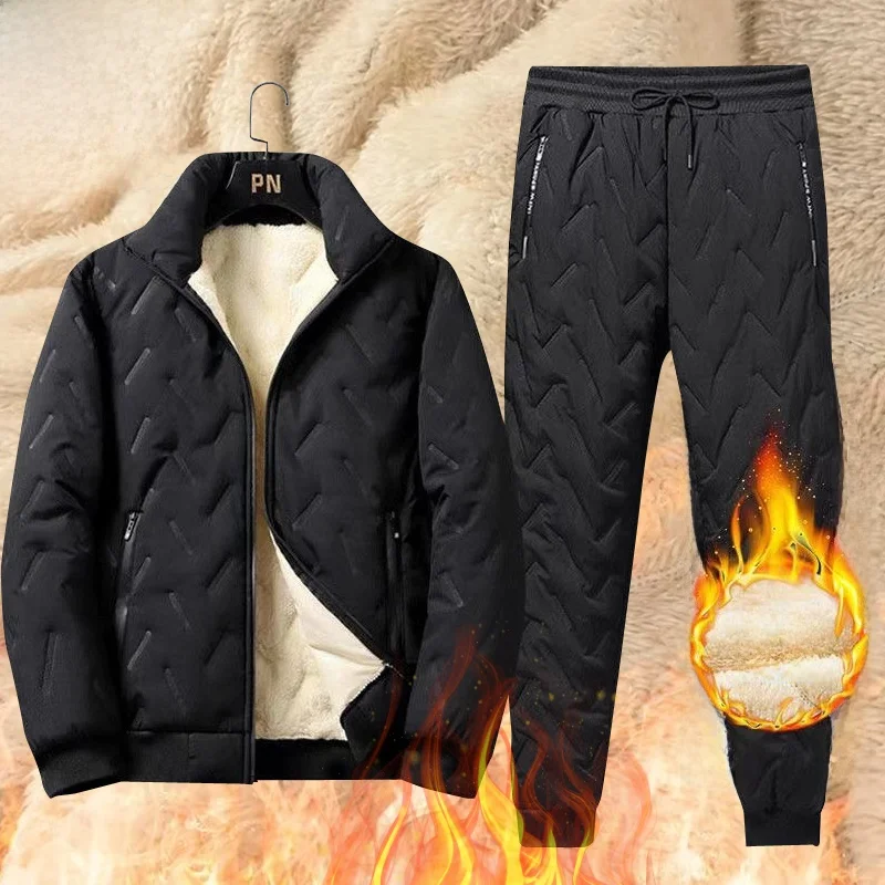 

Sli Thi Dad Clothes Cotton Jaet Men's Winter down Cotton Coat Lamb Velvet Warm Cold Resistant Cotton Coat And Pants Set