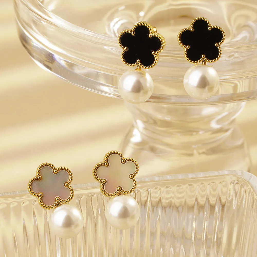 Five Leaf Clover Spliced Pearl Fashion Women Flower Inlaid Shell Drop Dangle Earrings Jewelry Gift