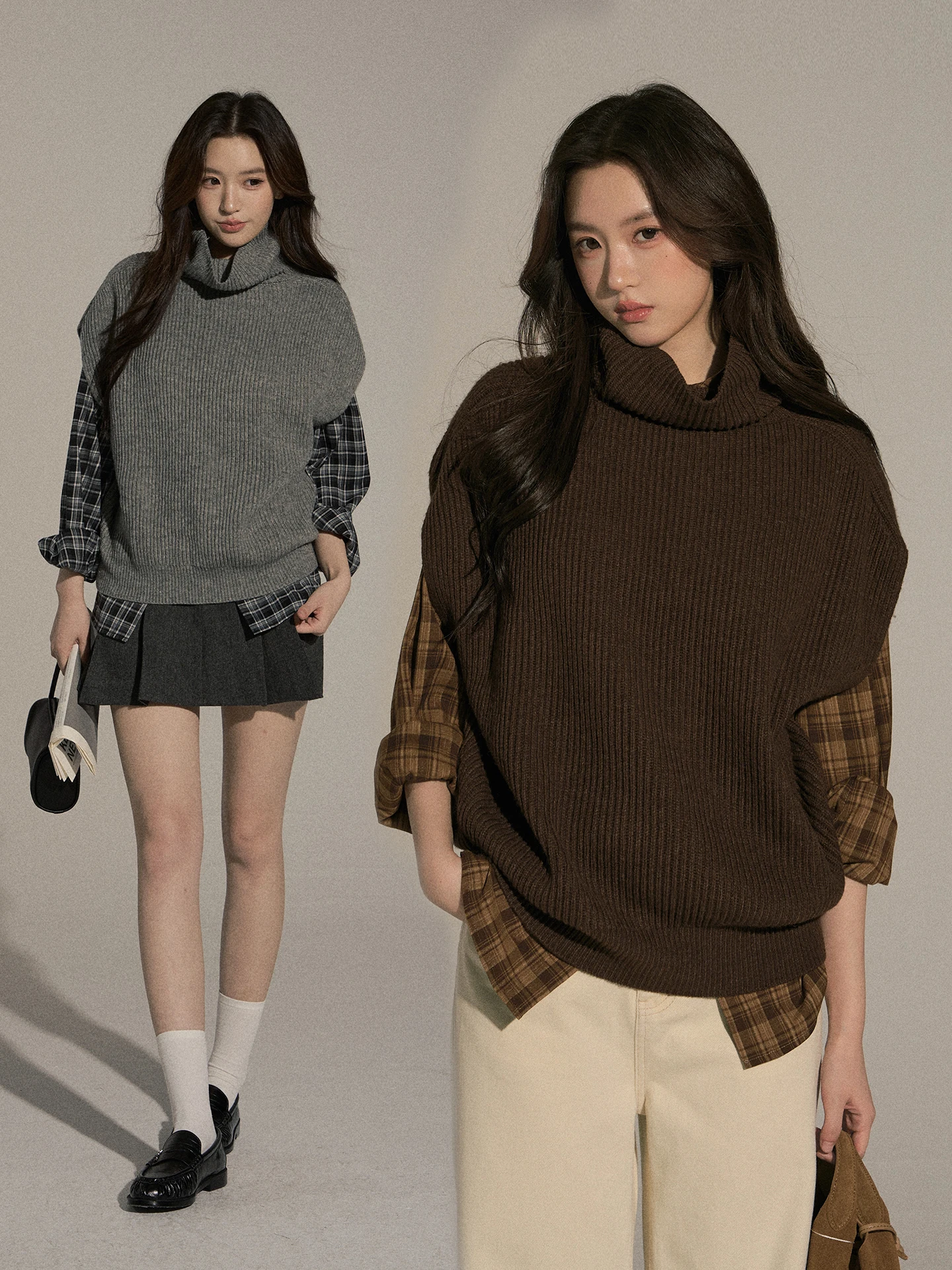 

OIOI E Women's High Collar Knitted Vest Svel Layering Top Autumn Winter Versatile Color Loose Fit Long Sve