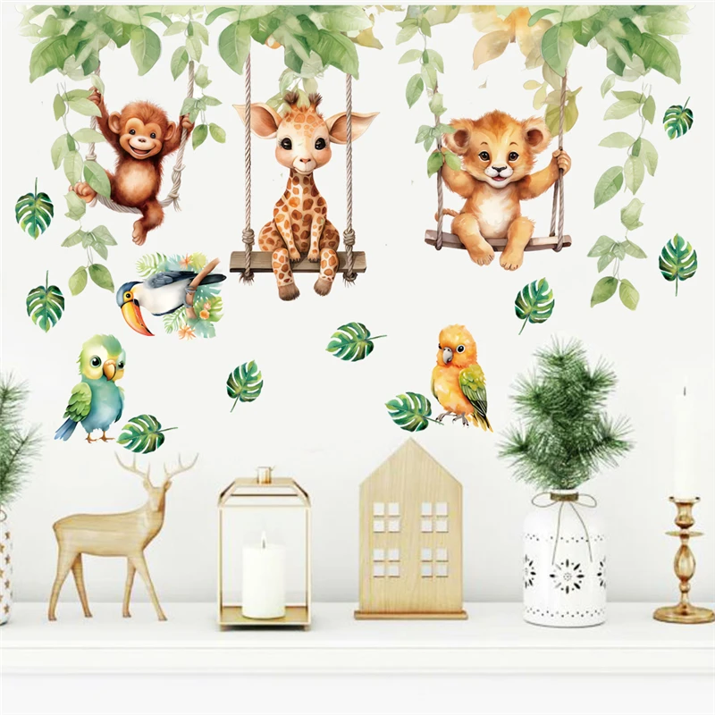 Cute Animals Swing Wall Stickers Kids Bedroom Decoration Diy Cartoon Monkey Giraffe Lion Safari Mural Art Pvc Posters Home Decal