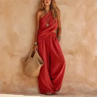 Summer Women 2 Piece Set Slant Collar Asymmetrical Sleeveless Top Bare Midriff Long Pants Solid-colored Loose Wide Leg Pants Set - Image 3