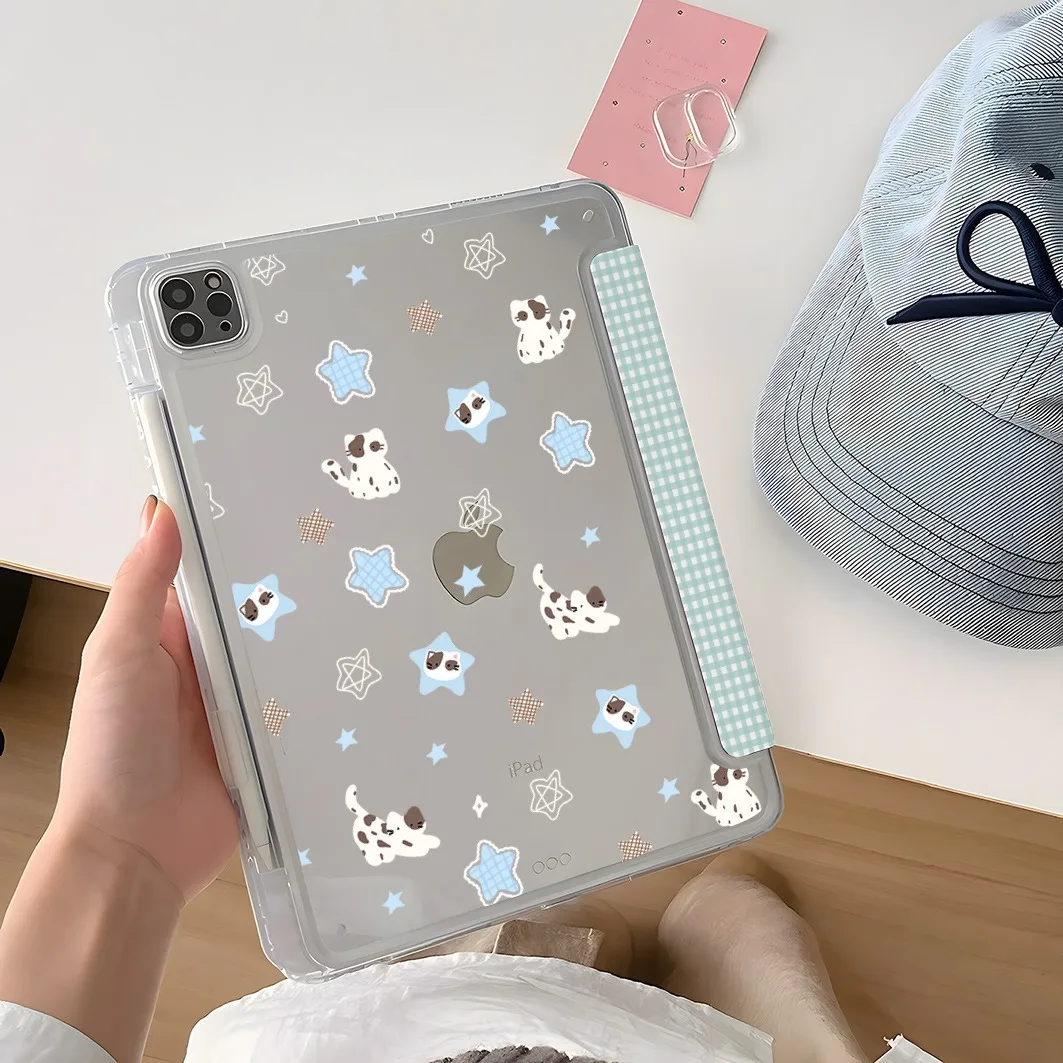 格子柄子猫ペンホルダー付きタブレットケース Mini7 6 iPad Pro 2024 2022 2021 2020 2019 2018 2017 11 10 9 8 7 6 5 Air7 6 5 4 3 2 1 カバー
