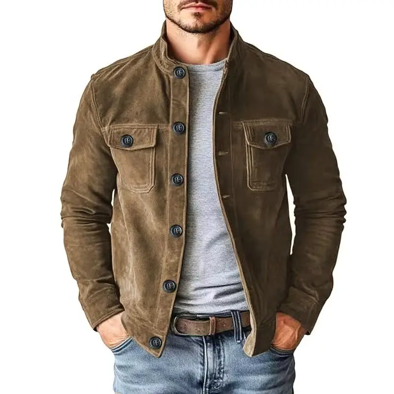 Men Retro Stand Collar Solid Faux Suede Jacket Button Front Chest Pockets Casual Workwear Motorcycle Workwear Outer Coat