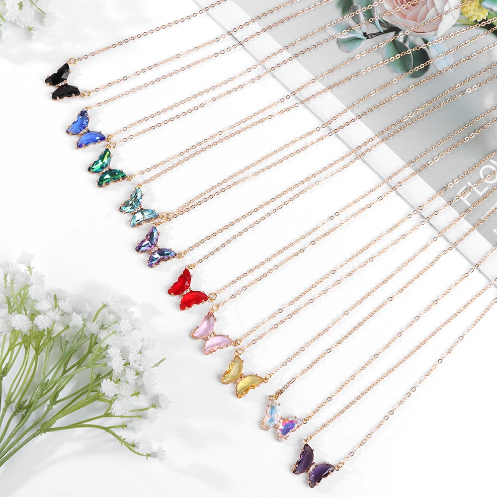 Fashion Crystal Butterfly Pendant Necklaces Clavicle Chain Natural Butterfly Crystal Neckalce Female Choker Neck Jewelry Women