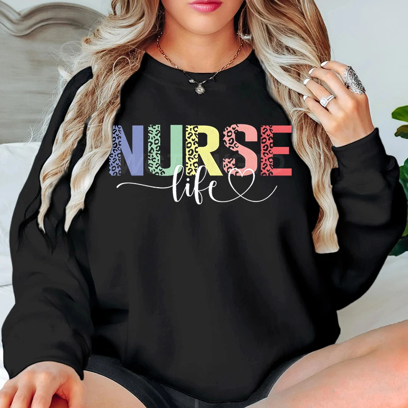 

Nurse Life Print Sweatshirts Women Half Leopard Nurse Gift Classic Hoodie Colorful Leopard Heart Design Casual Sweatshirt Jumper