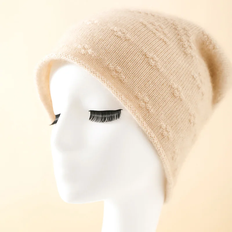 Women's 100% cashmere hat casual solid color knitted hat warm pile cap pullover hat without brim cap fashion cold hat wholesale.