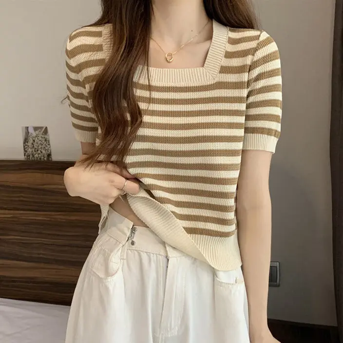 Striped Ice Silk Long Sleeved T-shirt for Women Thin and Loose Design Square Neck Versatile Knitted Thin Cover Shirt A508