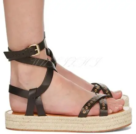 Black Camel Leather Eyelet Cross Strap Thick Sole Espadrille Flat Sandals Women Gladiator Open Toe Belt Studded Slingback Shoes