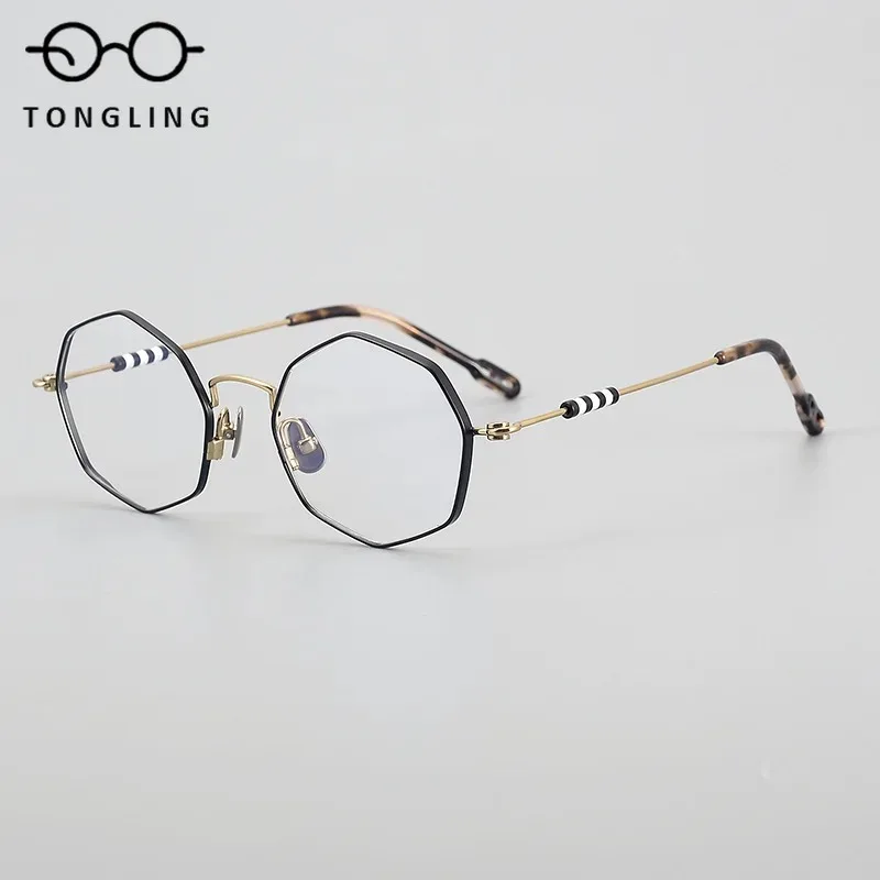 High-Quality Fashion Polygonal Literary Men Retro Handcrafted Women Polygonal Pure Titanium High-Quality Acetate Eyeglass Frame