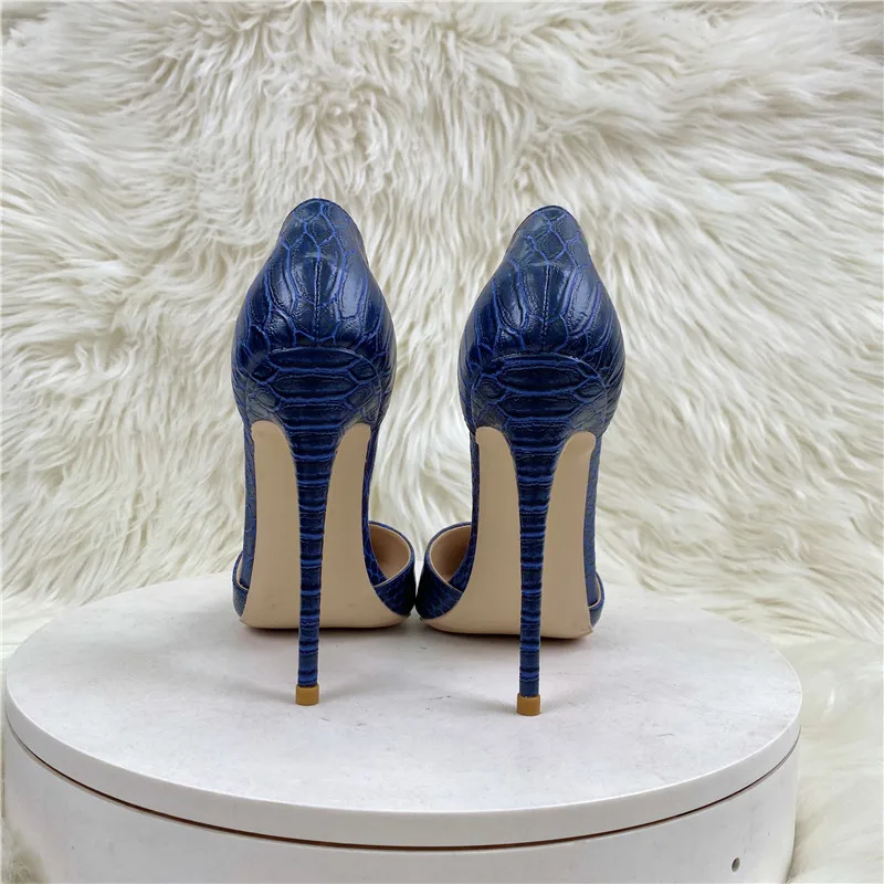 Ke Shang Jia Navy Blue Crocodile Effect Pattern Women Sext Pointy Toe High Heel Shoes Chic Ladies Slip On Stiletto Pumps 33-45