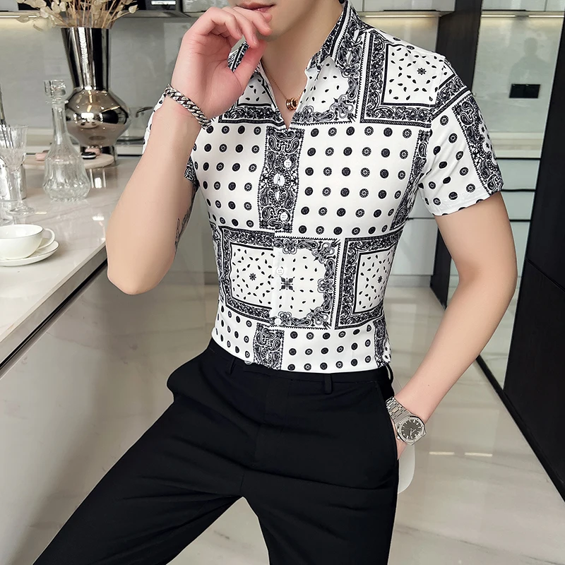 

New Summer Men Short Sleeve Shirt Luxury Slim Fit All-match Printing Blouse Men Tops Lapel Button-Up Hawaiian Camisa Masculina