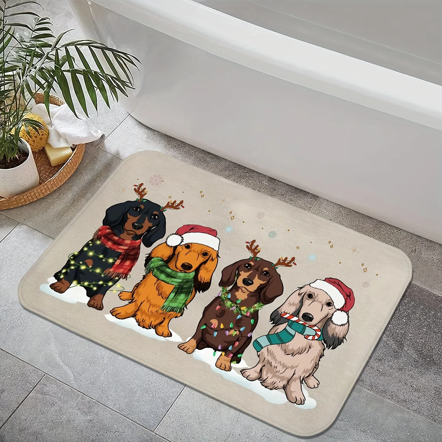Christmas Dachshund Bath Rug, Ultra-Soft Plush Non-Slip Bath Mat, Polyester Knit Fabric Absorbent Rectangle Bathroom Floor Mat