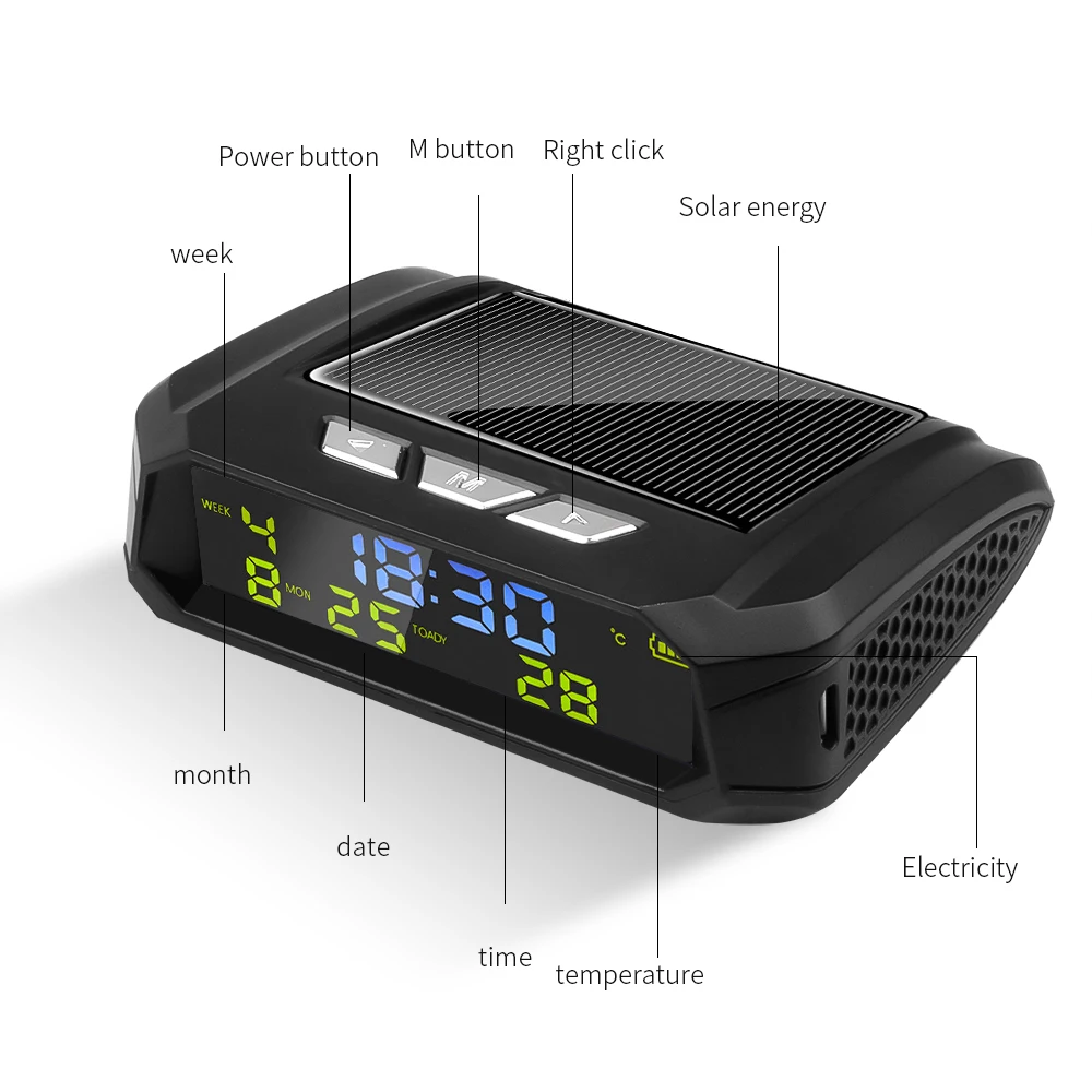 TPMS 모양 태양광 자동차 디지털 시계, LCD 시간 날짜, 차량 내부 온도 디스플레이, 야외 개인 자동차 부품 장식