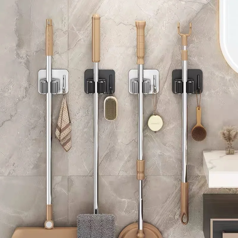 Stainless Steel Mop Broom Holder, Self Adhesive Wall Mounted Mop Clip, Punch-Free Bathroom Storage Hook Rack - view 6