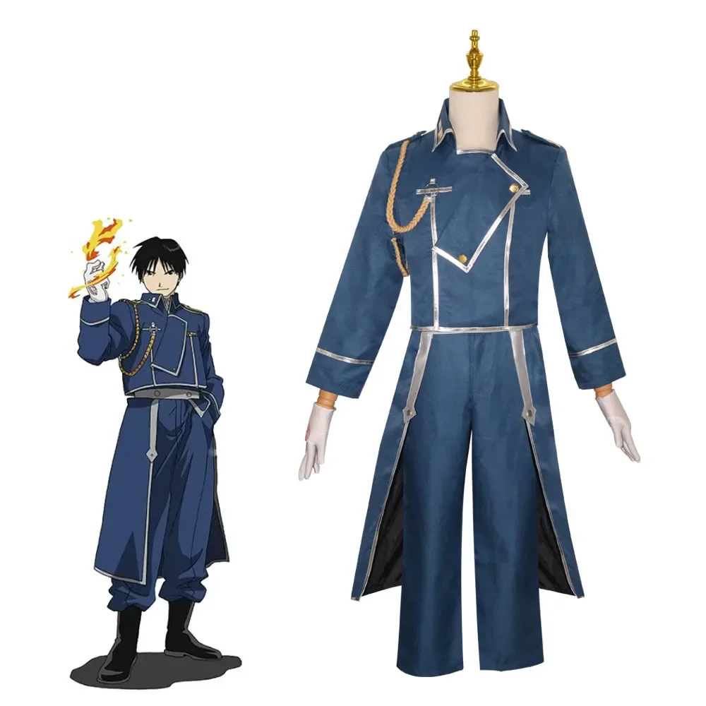 

Anime Fullmetal Alchemist Roy Mustang Cosplay Costume Blue Unisex Military Uniform Halloween Brotherhood Suit Coat Pants Gloves