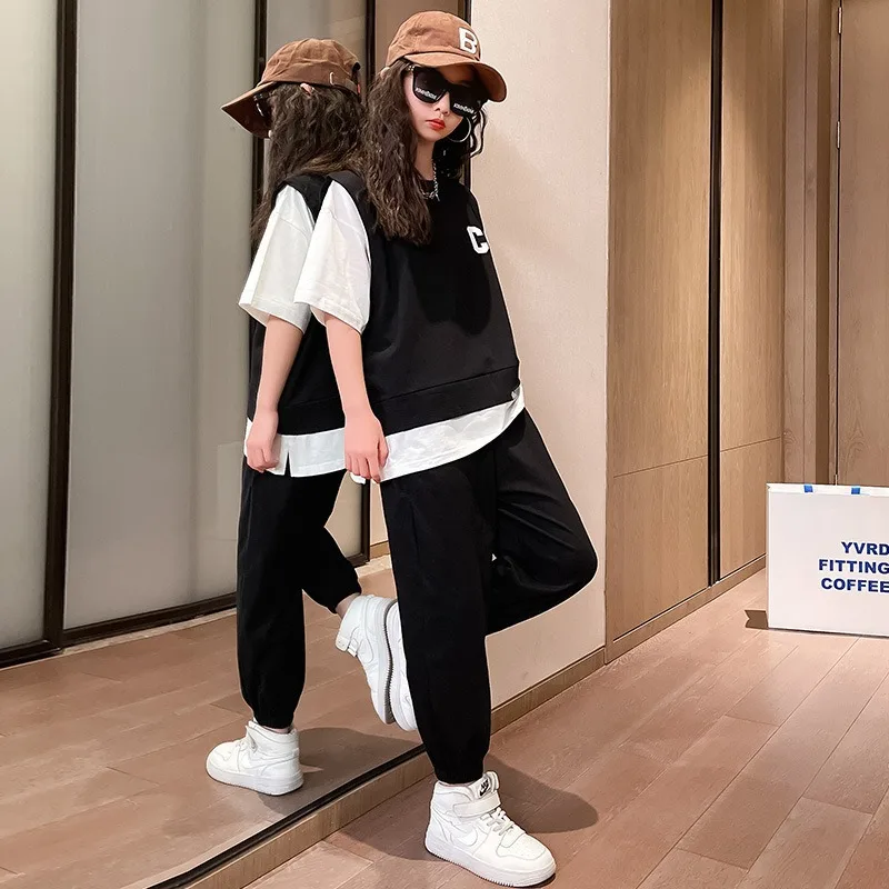 2PCS 2023 new Summer teens Girls Clothes children Sets Outfits Kids loose T-shirt + ankle-tied Pants tracksuit 6 8 10 12 14 Year