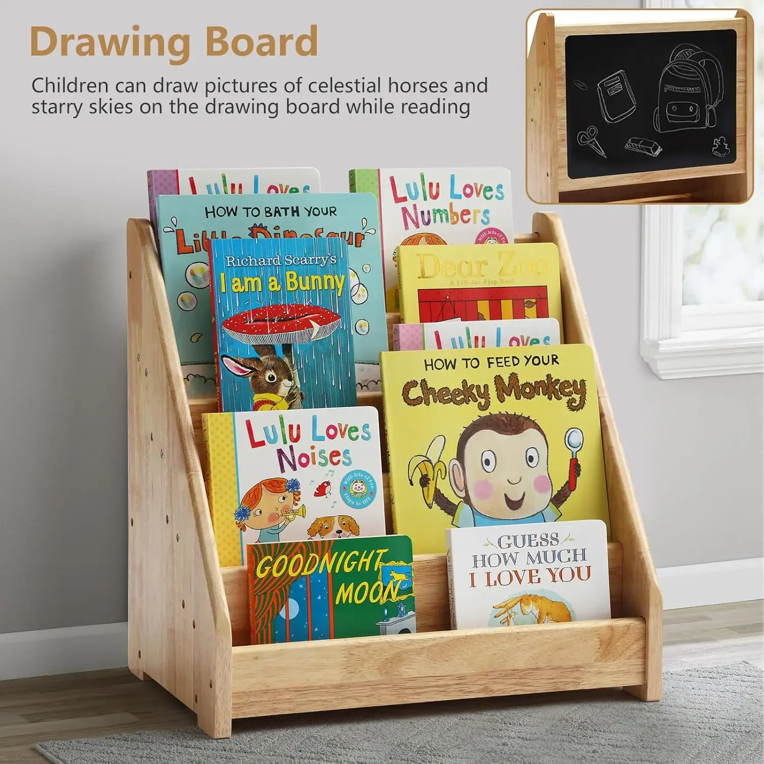 Bookshelf for Toddler 1-5 Years, Kids Wooden 5-Tier Front Facing Book Display Shelf with Chalkboard for Bedroom,Playr