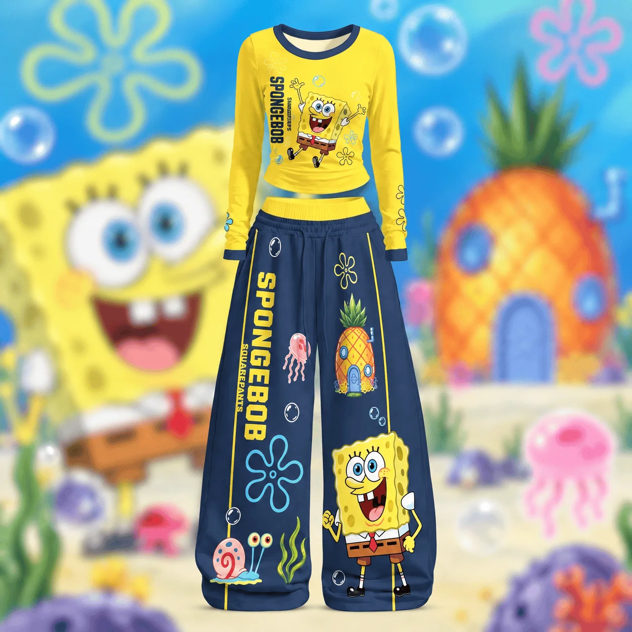 2027 New SpongeBob SquarePants Pineapple House Cartoon Two Piece Yellow Long Sleeve Top Loose Wide Leg Pants Y2K Spicy Girl Set