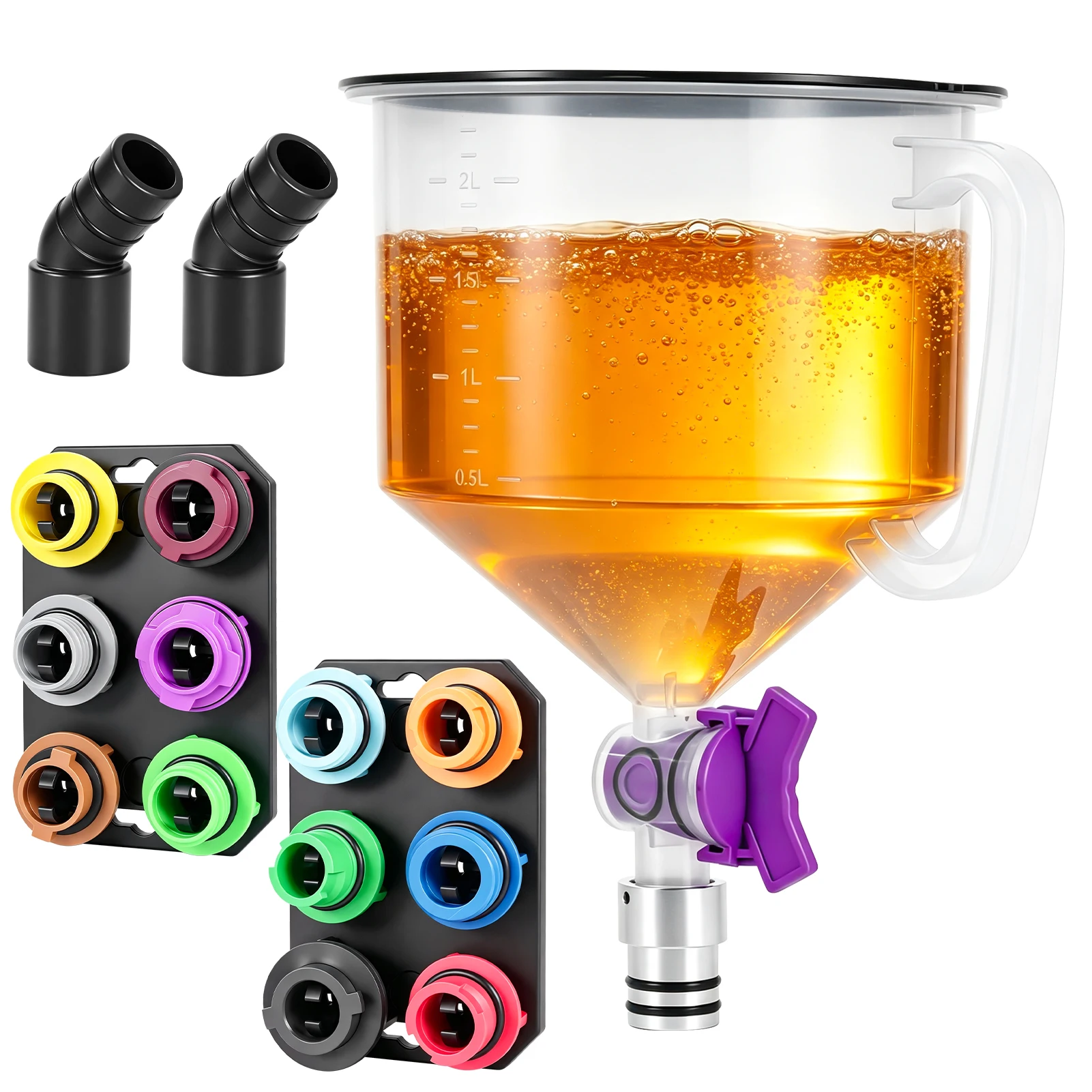 17Pcs Spill-Proof Oil Funnel Kit 2 Quart Funnel for Car And Motorcycle Filling Engine Oil Transmission Oil Brake Fluid Radiator Coolant 12 Adapters Elbow Fittings with Magnetic Storage Hook Tray