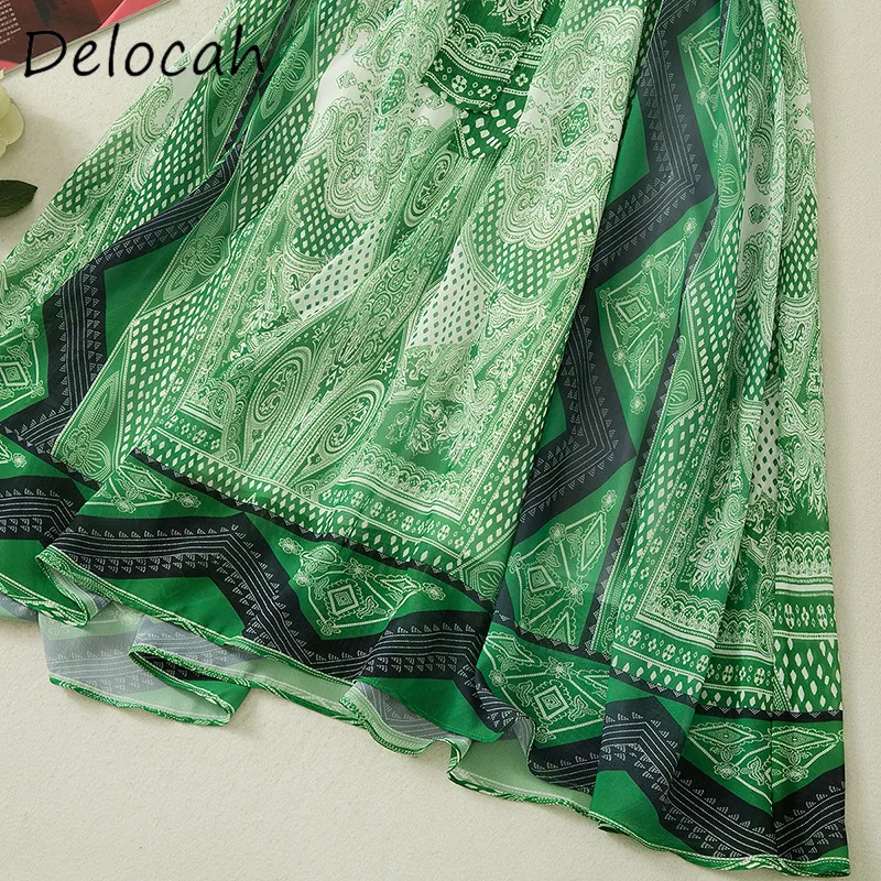 Deloach Primavera/Verano moda mujer cuello abatible solo pecho estampado geométrico con cordones media manga vestido de longitud media