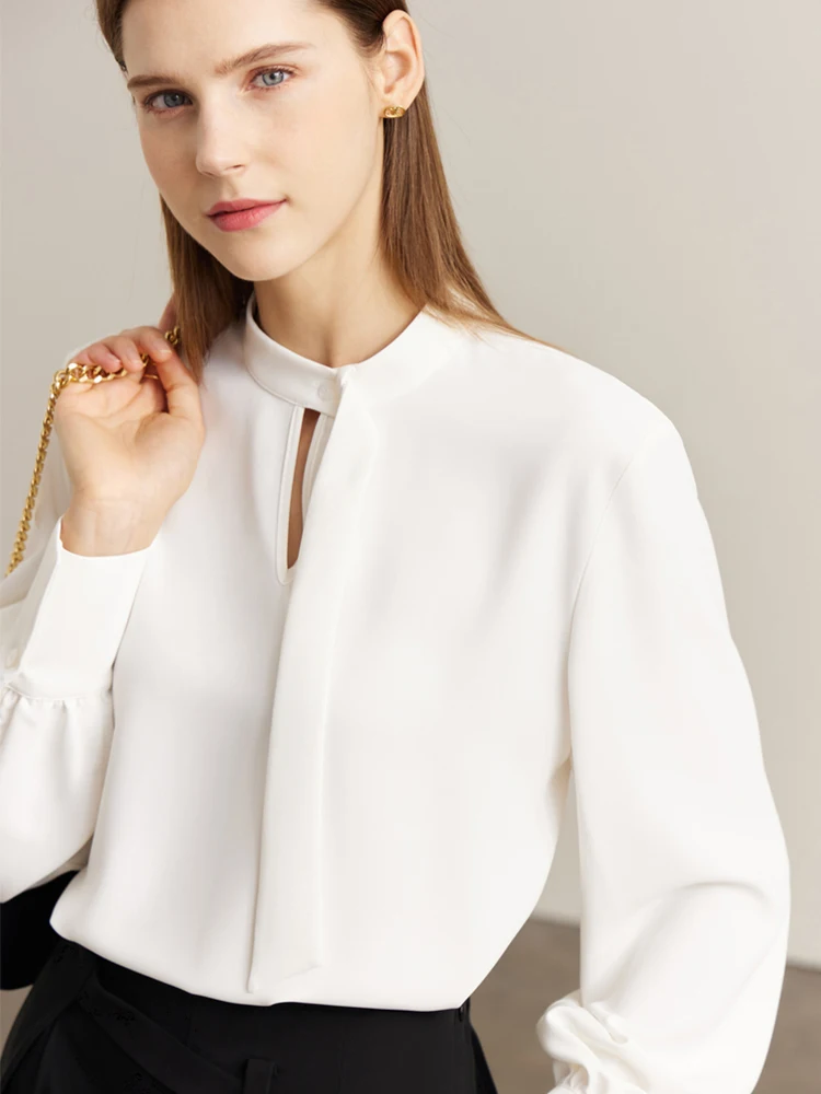 AMII Minimalism Blue Women Shirts & Blouses Stand Collar 2023 Early Spring New Chiffon Female Solid White Tops Clothing 72240093