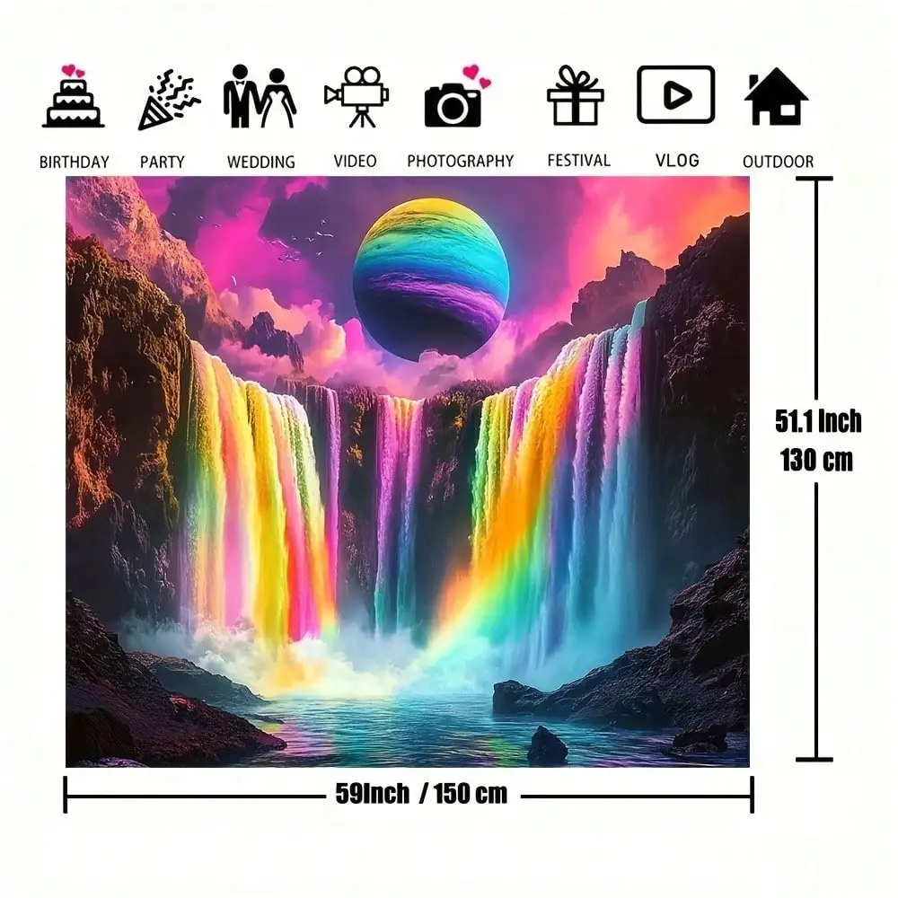 Trippy Rainbow Waterfall Tapestry - Psychedelic Planet Landscape Neon UV Reactive Wall Art, Aesthetic Room Decor, Multiple Sizes