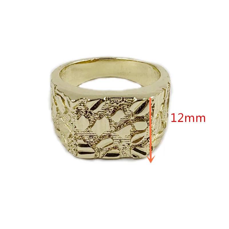 14K Gold Plated Hip Hop Men's Ring Heavy Nugget Square 12mm Thick Rough Irregular Geometric Shape Fashionable Finger Accessory