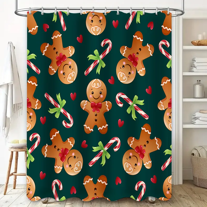 Christmas Bath Curtain with Gingerbread Men Pattern Blue Green Red Candy Cane Heart Decor Shower Curtains for Kids Christmas Par