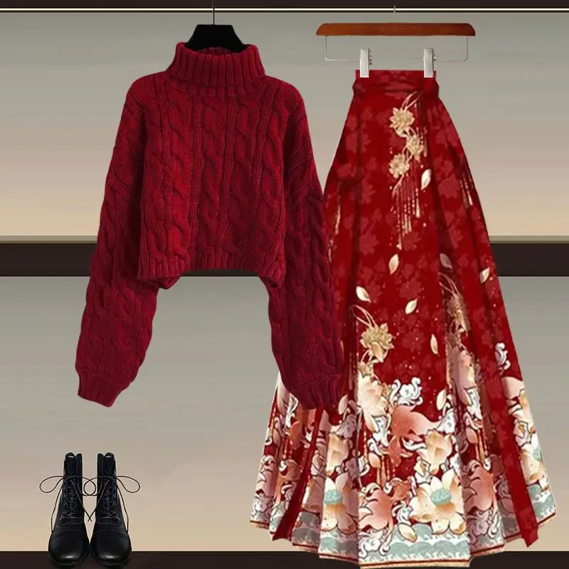 

Red Sweater And Hanfu Skirt Two-Piece Set New Year's Sle plus Size Women's Faion Autumn 2024 Polyester Fiber Han Costume