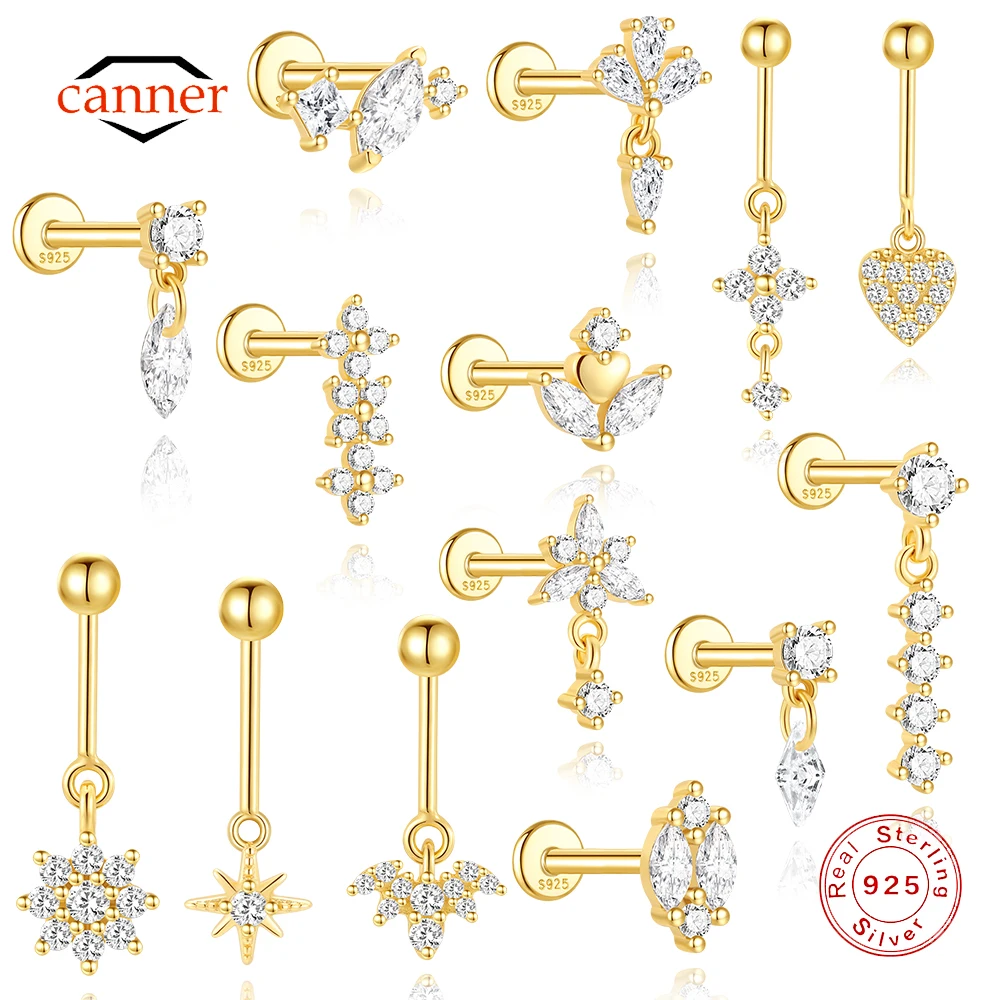 

CANNER 1PC 925 Sterling Silver Eight Pointed Star Four Petal Vertical Spherical Puncture Earring For Women Ins Love Fine Jewelry