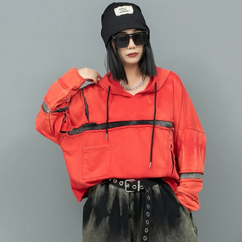 Vintage Contrasting Loose Hooded Sweatshirt Women 2024 Autumn Fashion Top Trendy LX2241