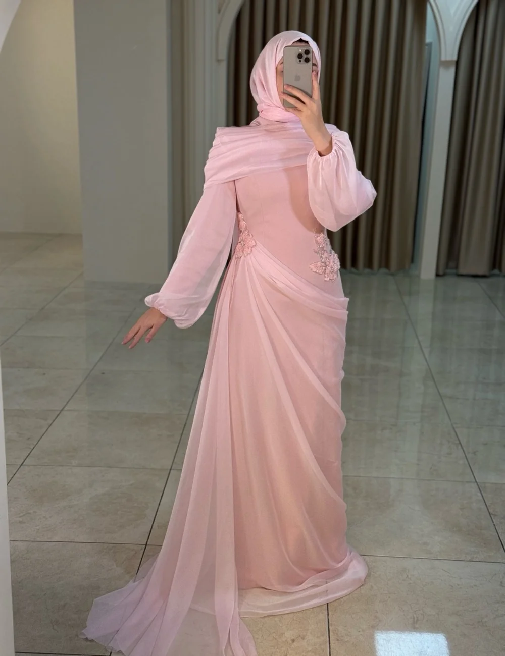 

Customized Pink Elegant Formal Jersey Tulle Applique Beading A-line Formal Floor-Length Evening Dresses Sizes Available