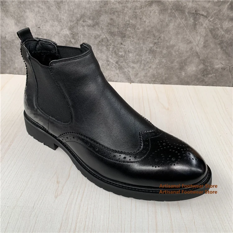 

Men's Black Leather Brogue Chelsea Boots Formal Shoes High-Top Slip-On Elastic Band Men's Boots Trendy Handmade Men's Shoes