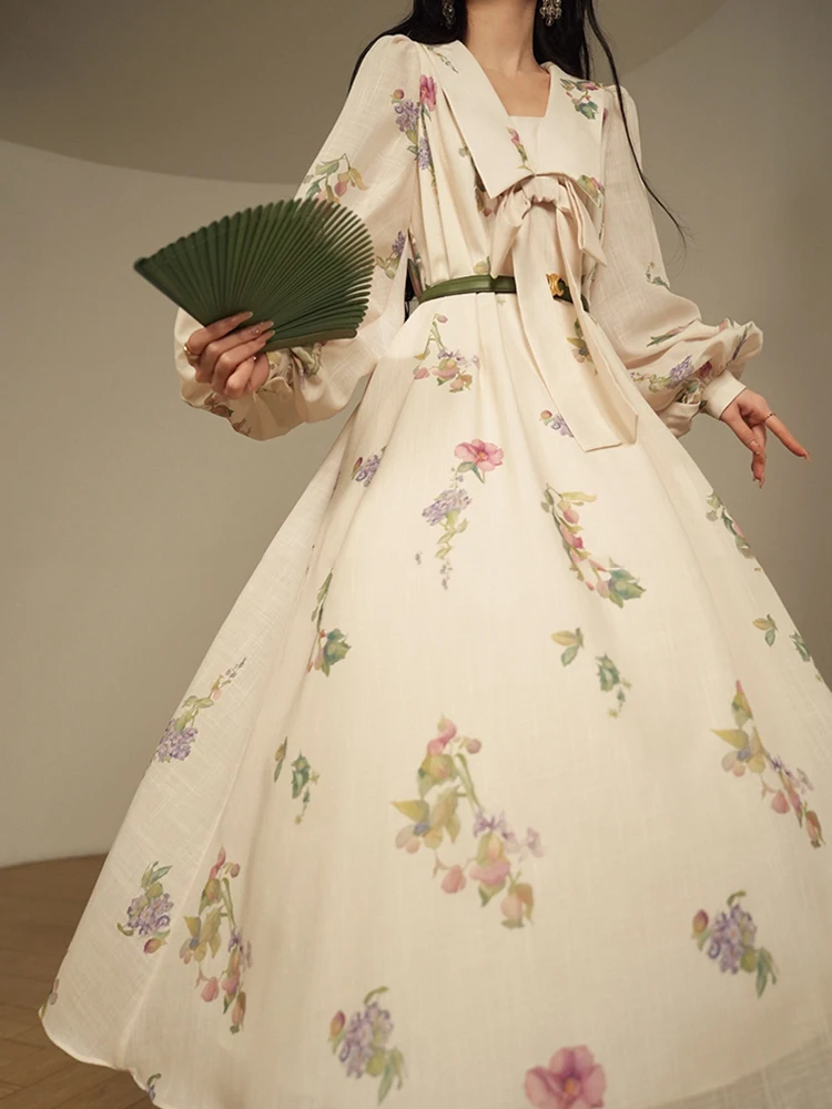 

Vintage printed lapel bow decorative lace-up waist dress 2025 Spring women's pompadour skirt fashion loose straight skirt