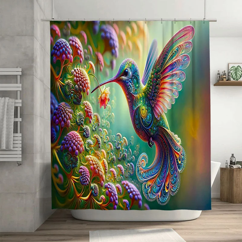 

Vibrant Rainbow Fractal Hummingbird Shower Curtain Bathroom Decor Fabric Printing Waterproof Liner for Home Decoration.