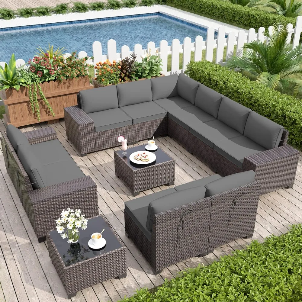 

12-Piece Wicker Sectional Sofa Set, Rattan Terrace Conversation Set with Pillowtop Cushions and Glass Coffee Table, Grey