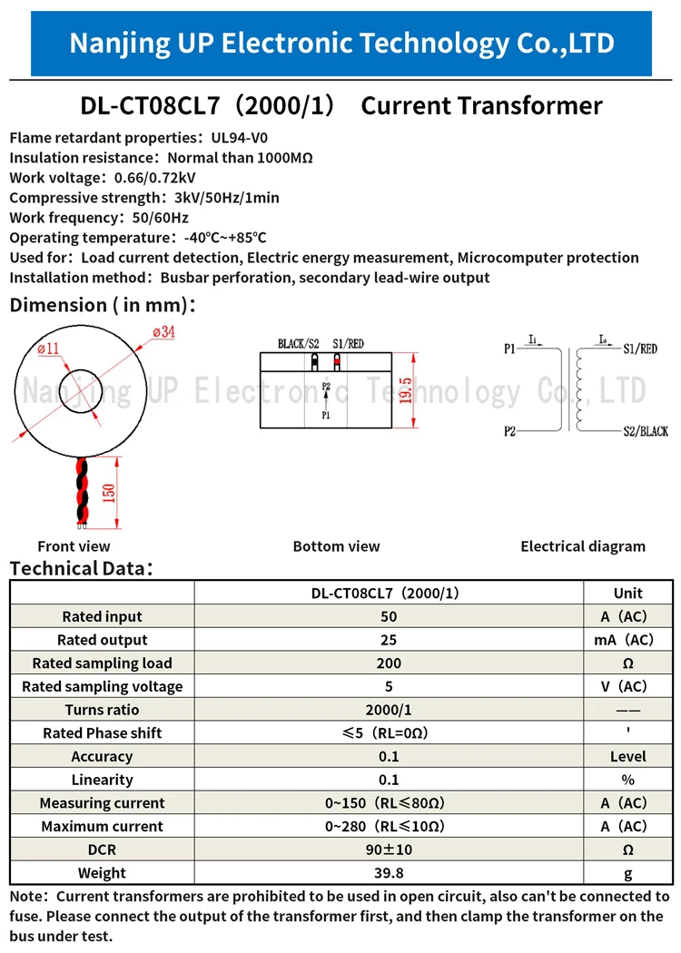 DL-CT08CL7 2000/1 Micro Current Transformer Annular 0 ~ 150A CT AC 1A 5A 10A 20A 30A 50A 80A 100A Ring Type Mini Sensor Supplier