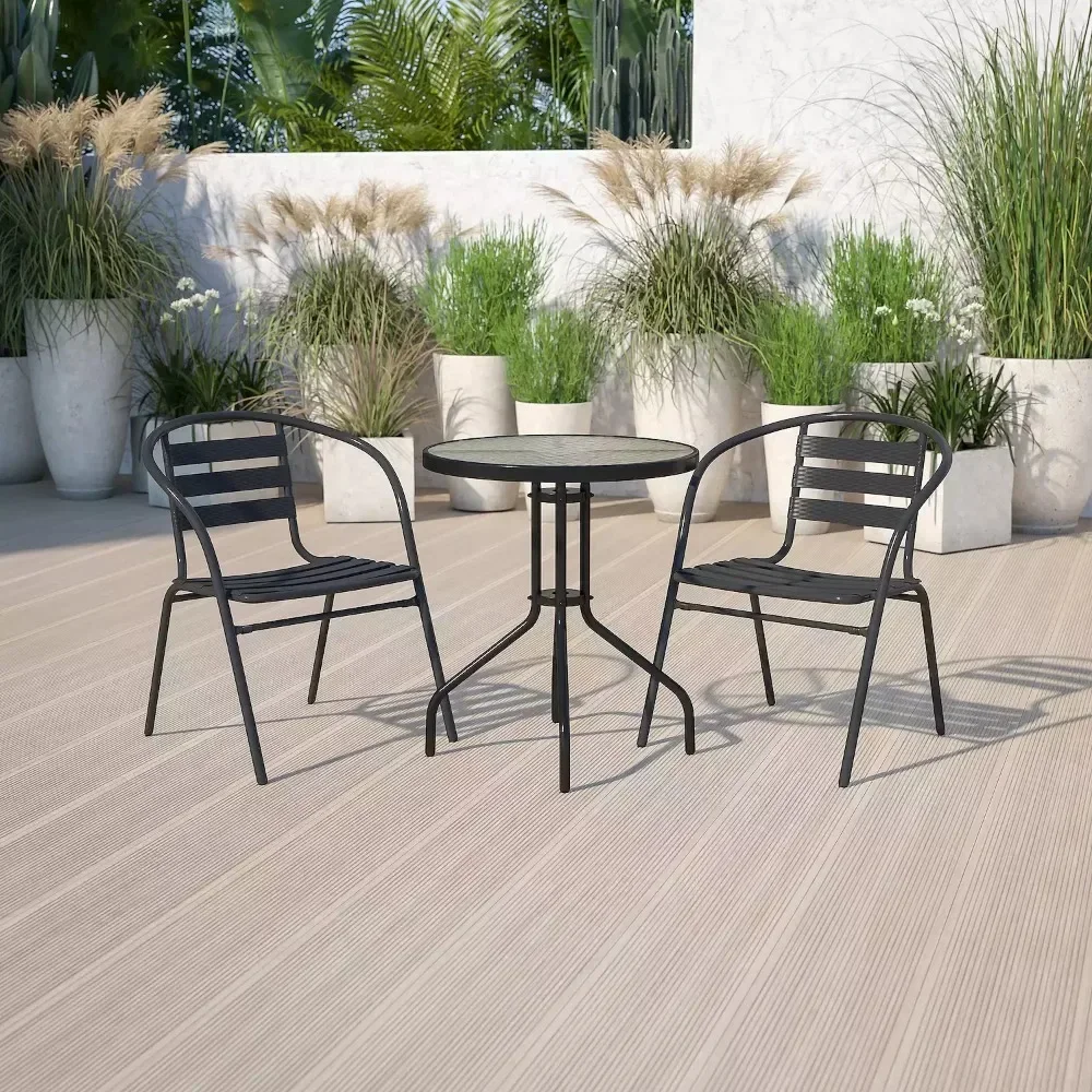 Furniture Patio Round Bistro Table & Slatted Chair 3-piece Set