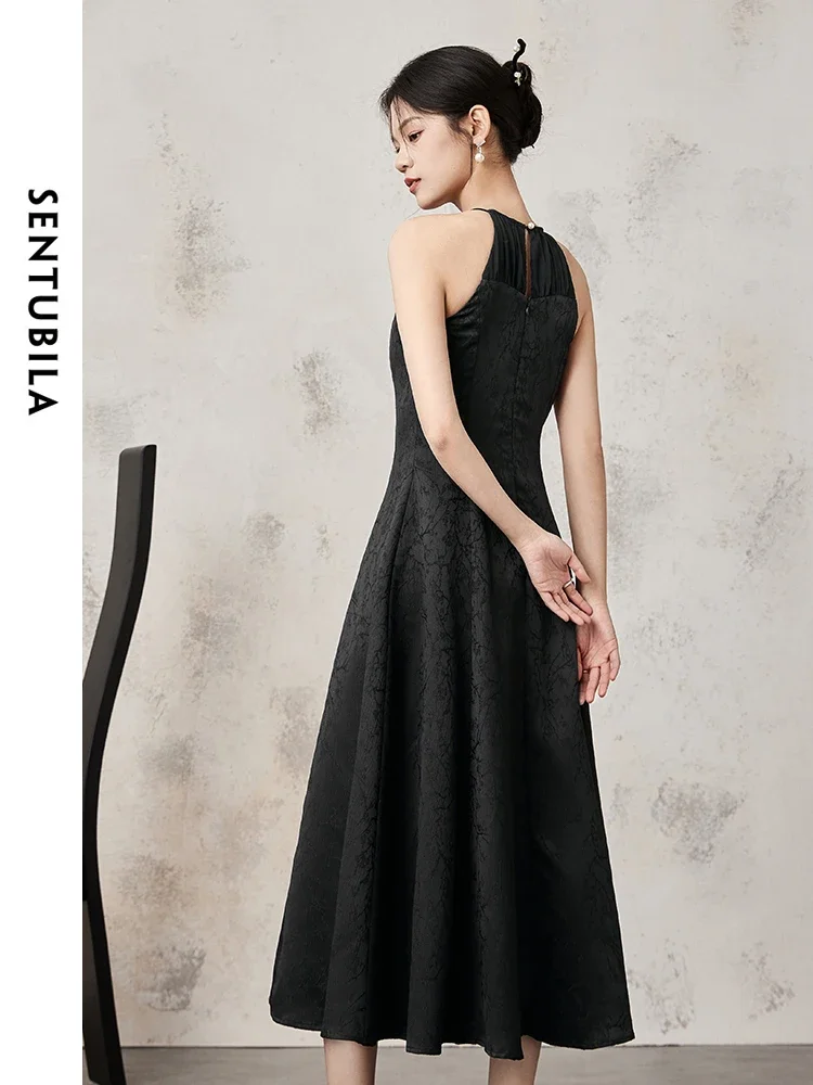 SENTUBILA Elegant Halterneck Black Dresses for Women 2024 Summer Sleeveless Patchwork Fashion Ladies Long Dresses 142L54012