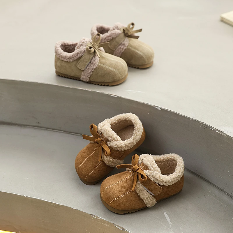 

Girls Cotton Shoes Winter New Sweet Bowknot Children Plush Shoes Causal Outdoor Warm Non-slip Kids Fashion Flat Shoes Hook Loop