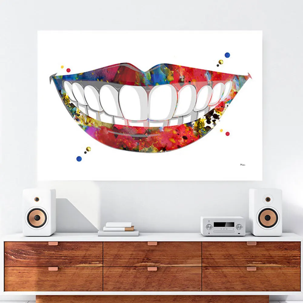 Smiling Mouth Watercolor Poster Dental Care Therapy Retro Canvas Painting Teeth And Lips Vintage Hospital Home Room Decor Gift