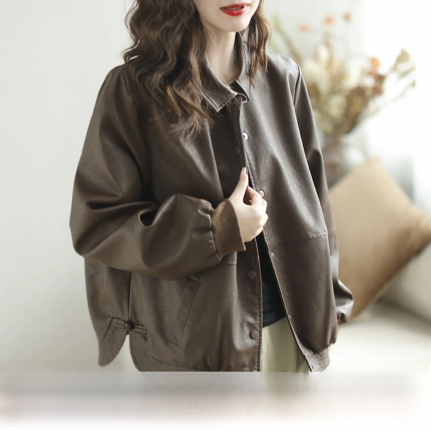 

Casual Commute Sle Women's Bla Leather Jaet Coat Padded Splicing Faionable Long Sve PU Leather Top Coat