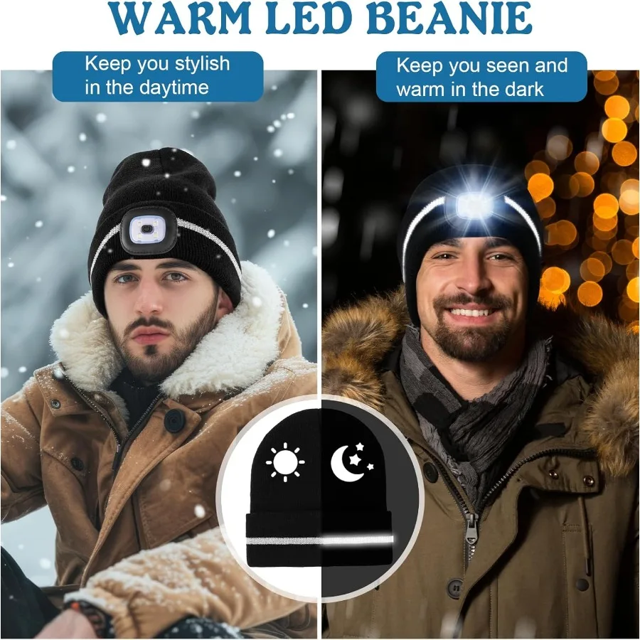 MELASA Gorro de invierno con rayas reflectantes LED, gorro de invierno de alta visibilidad con luz para trabajo al aire libre, regalos deportivos para hombres y papá
