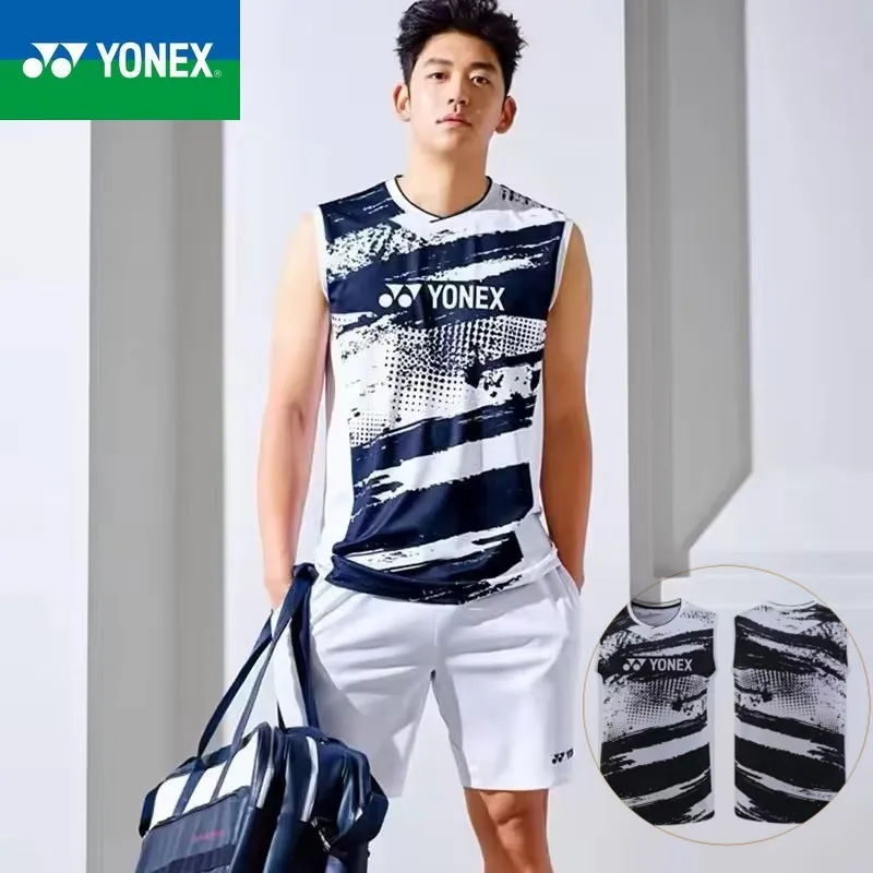 

Yonex 2024 new badminton suit men's and women's sleeveless vest breathable sweat absorbing quick drying training suit set