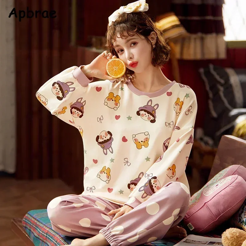 100% Cotton Pajamas Set Autumn Winter Cute O-neck Pajama Long Sleeve Long Pants Women Pijamas Fashion Loungewear for Girl