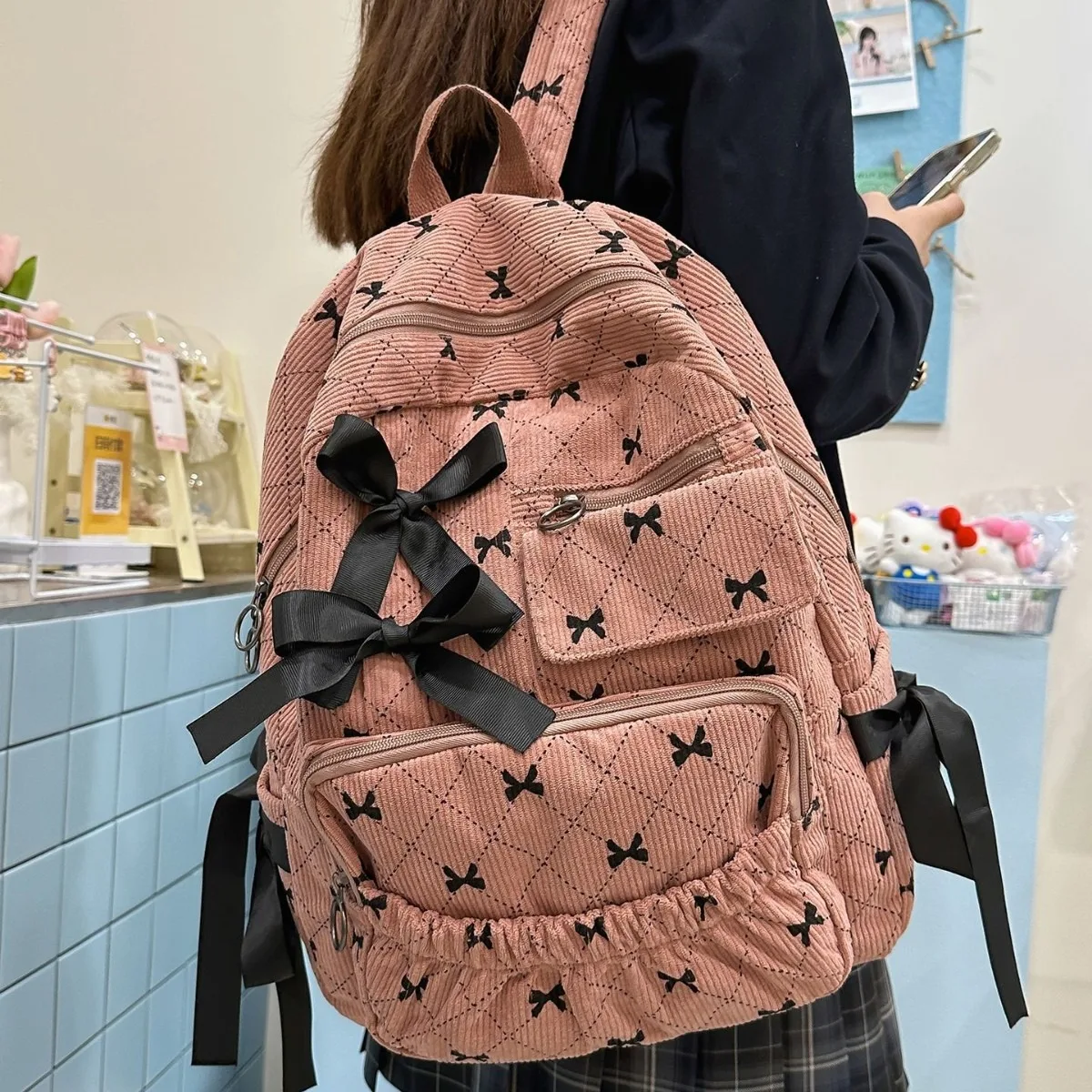 

Corduroy Bow Schoolbag Fashionable Large Capacity Backpack Bow Print Backpack Soft Versatile Backpack For Travel Students School