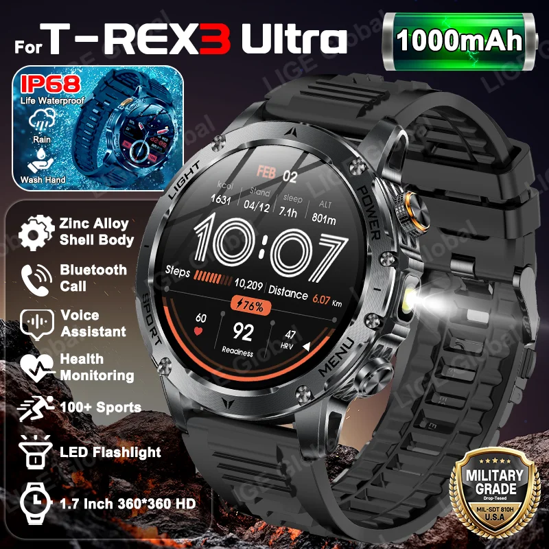 

LIGE For T-REX3 Ultra 1000mAh Large Battery Adult Smart Watch Men Flashlight IP68 BT Call Heart Rate Sports Fitness Smartwatch