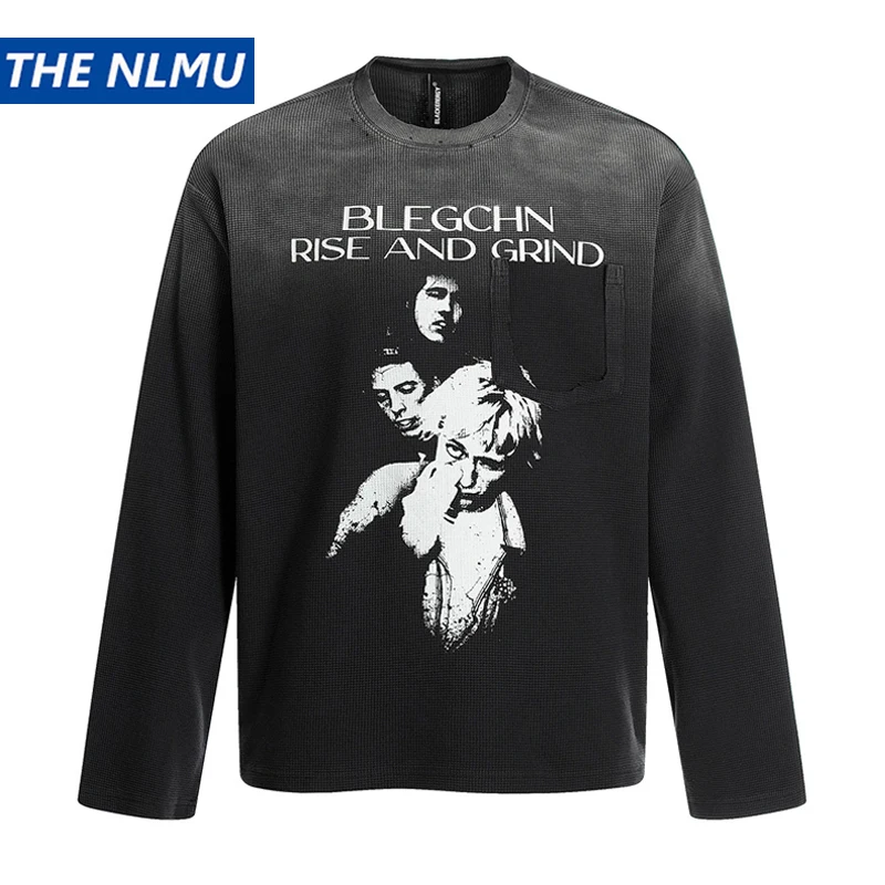 

2025 Autumn Vintage Long Sleeve T-Shirt Tie-Dye Washed Distressed Oversized Tee Top Hip Hop Y2K Grunge Tshirt for Men Women